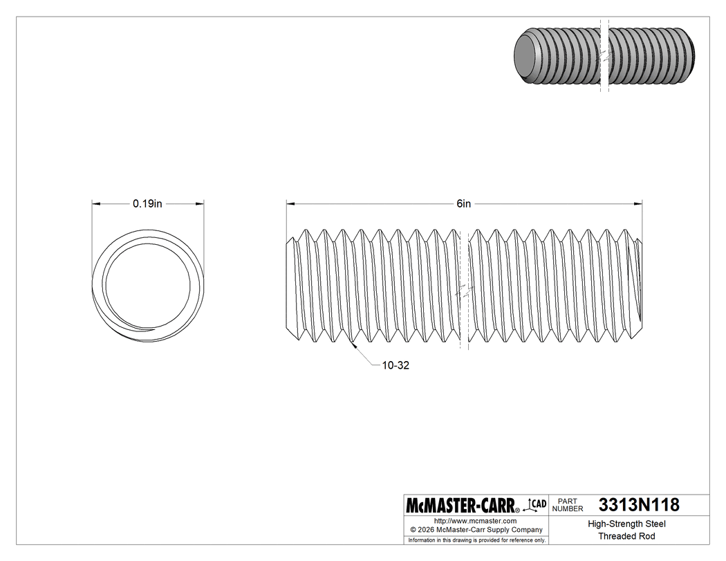 Technical Drawing of High-Strength Steel Threaded Rod, Zinc-Yellow-Chromate Plated, 10-32 Thread Size, 6" Long.